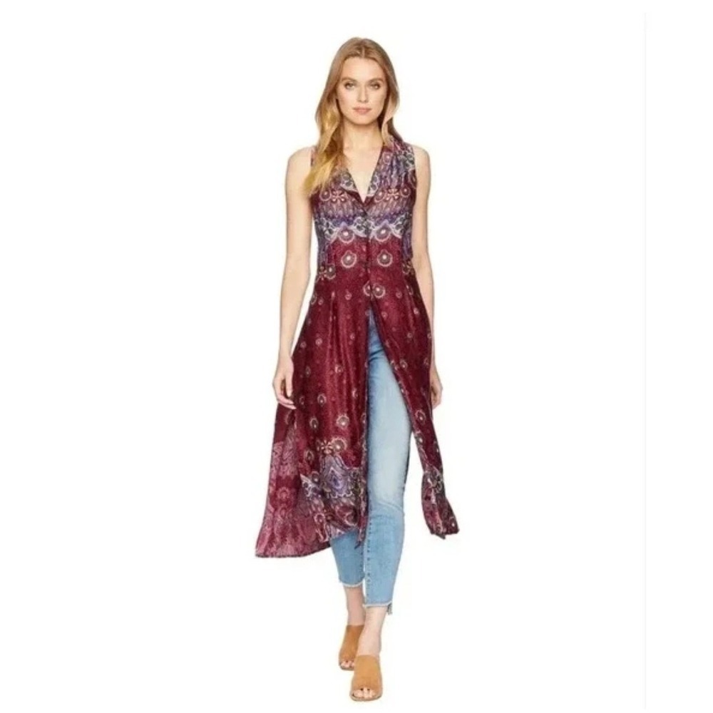Anthropologie Silk Tunic Dress Teal Orange Floral Boho Festival L